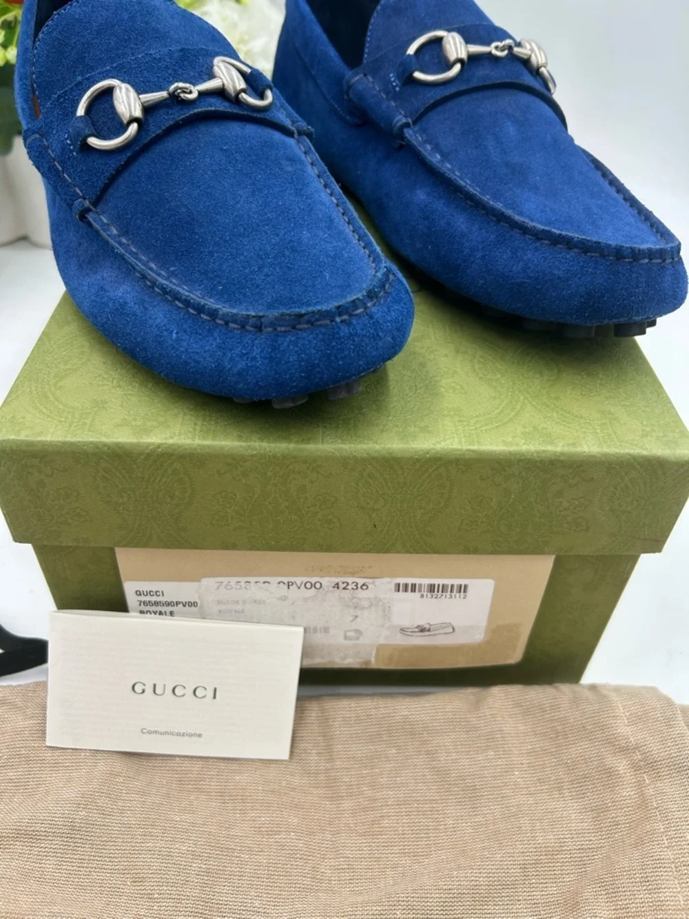 Men's Gucci horse bit blue suede loafers size 7 fits 8 US made in Italy